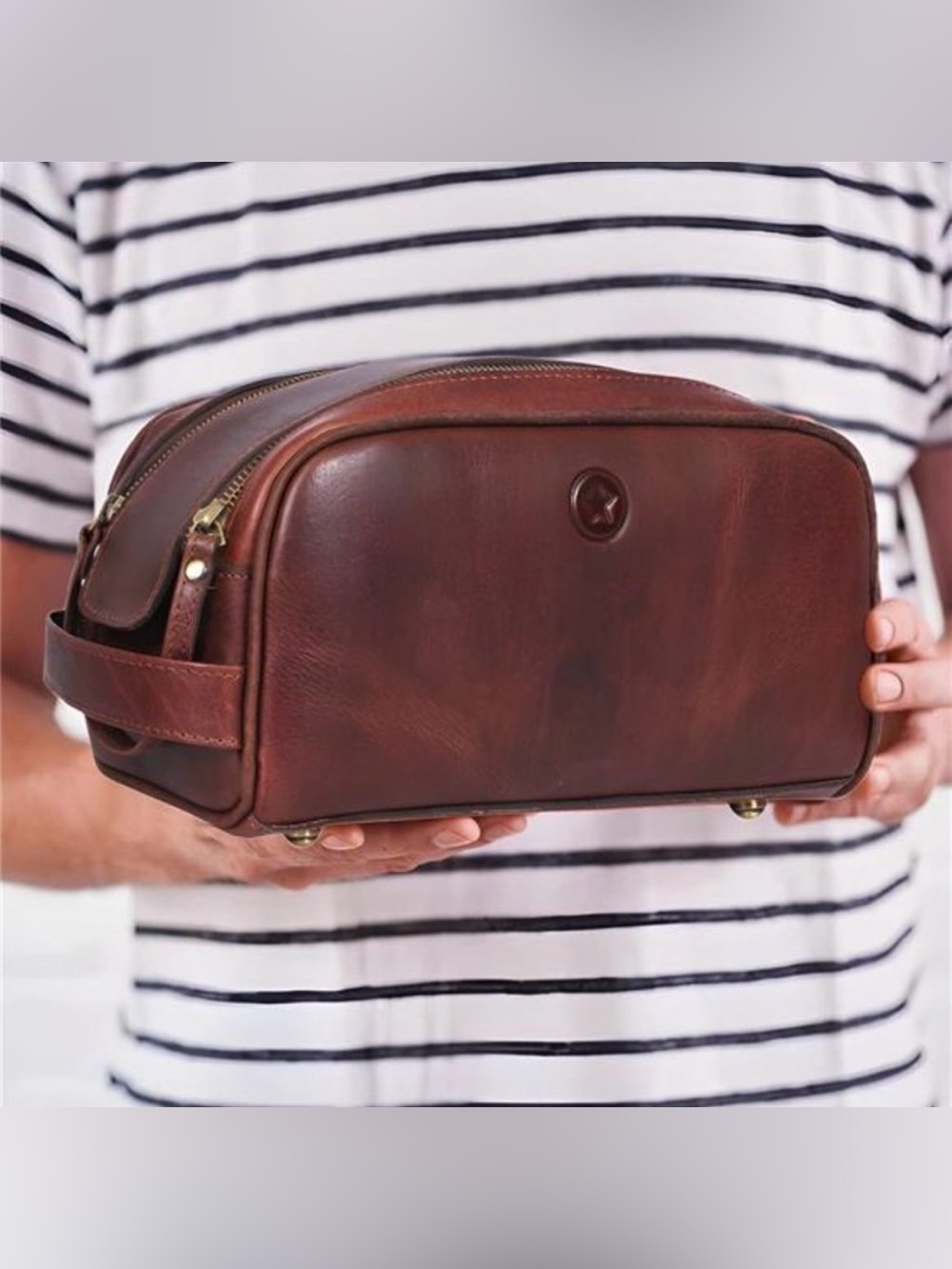 Aaron Leather Goods Leather Toiletry Bag for Men Travel Vacation Work Brown Bag